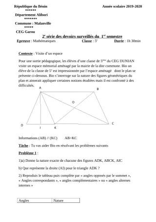 Première page de Mathématiques 5e — 2e devoir surveillé, 1er semestre (2019-2020) · CEG GAROU