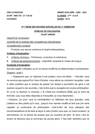 Première page de Philosophie 2nde A1, 2nde A2, 2nde B — 2e devoir surveillé, 1er semestre (2020-2021) · CEG LE NOKOUE
