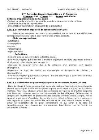 Première page de SVT 5e — 2e devoir surveillé, 1er semestre (2022-2023) · CEG ZONGO