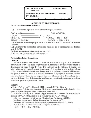 Première page de PCT 2nde D — Composition, 1er semestre (2022-2023) · CEG2 ABOMEY - CALAVI (CEG ZOCA)