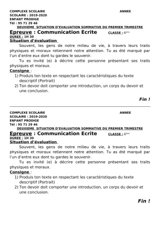 Première page de Français 6e — Évaluation sommative, 1er trimestre (2019-2020) · CPEG ENFANT PRODIGE