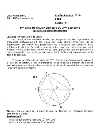 Première page de Mathématiques 6e — 1er devoir surveillé, 2e semestre (2019-2020) · CEG Akassato