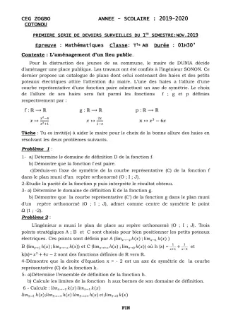 Première page de Mathématiques Tle A1, Tle A2, Tle B — 1er devoir surveillé, 1er semestre (2019-2020) · CEG ZOGBO