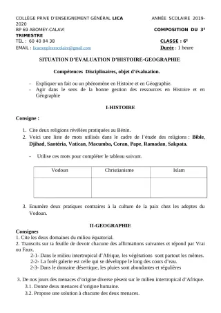 Première page de Histoire-Géographie 6e, 5e, 2nde A2, 2nde B — Composition, 1er trimestre (2019-2020) · CPEG LICA
