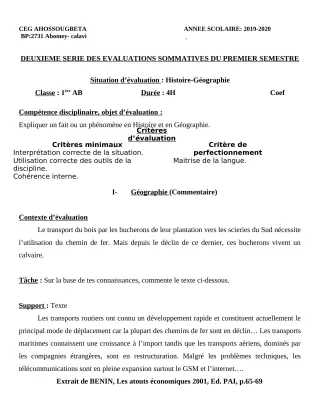Première page de Histoire-Géographie 1ère A2 — 2e évaluation sommative, 1er semestre (2019-2020) · CEG Ahossougbéta