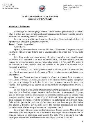 Première page de Français 2nde A, 2nde B, 2nde C — 1er devoir surveillé, 1er semestre (2023-2024) · CEG Yagbe