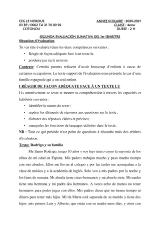 Première page de Espagnol 4e ML — 1er semestre (2020-2021) · CEG LE NOKOUE