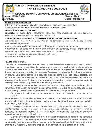 Première page de Espagnol Tle A2 — 2e devoir surveillé, 2e semestre (2023-2024) · CEG SEKERE