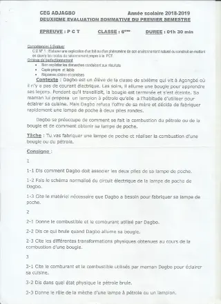 Première page de PCT 6e — 2e évaluation sommative, 1er semestre (2018-2019) · CEG ADJAGBO