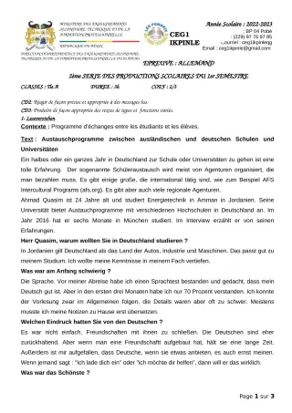 Première page de Allemand Tle A1, Tle A2 — 2e production scolaire, 1er semestre (2022-2023) · CEG1 Ikpinlè