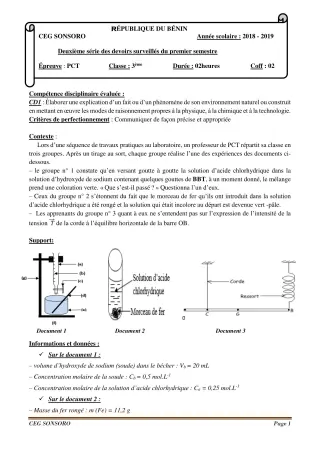 Première page de PCT 3e — 2e devoir surveillé, 1er semestre (2018-2019) · CEG SONSORO