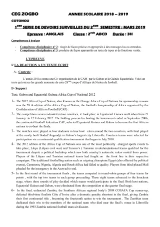 Première page de Anglais 2nde A, 2nde B, 2nde C, 2nde D — 1er devoir surveillé, 2e semestre (2018-2019) · CEG ZOGBO