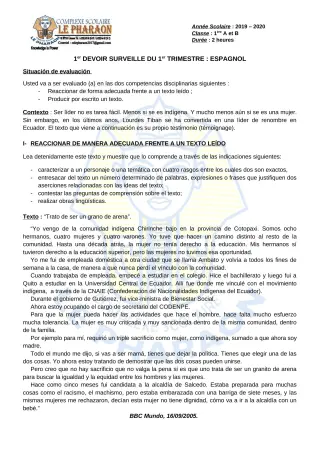 Première page de Espagnol 1ère A, 1ère B — 1er devoir surveillé, 1er trimestre (2019-2020) · CPEG LE PHARAON