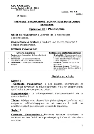 Première page de Philosophie Tle A1, Tle A2, Tle B — 1re évaluation sommative, 2e semestre (2019-2020) · CEG Akassato