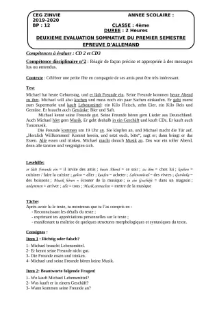 Première page de Allemand 4e — 2e évaluation sommative, 1er semestre (2019-2020) · CEG Zinvié