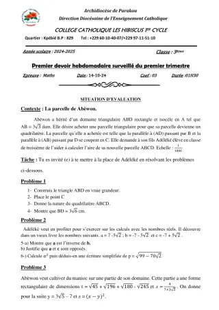 Première page de Mathématiques 3e — 1er devoir surveillé, 1er trimestre (2024-2025) · Hibiscus 1er cycle