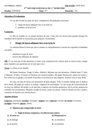 Première page de Espagnol 4e ML — Devoir surveillé, 1er semestre (2019-2020) · CEG Hubert C. MAGA