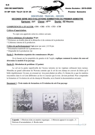 Première page de PCT 4e ML&MC — 2e évaluation sommative, 1er semestre (2019-2020) · CEG Dantokpa