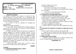 Première page de Français 6e — 1er devoir surveillé, 1er semestre (2018-2019) · CEG Tchatchou