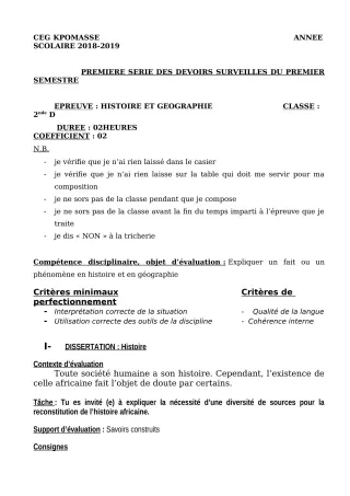 Première page de Histoire-Géographie 2nde D — 1er devoir surveillé (2018-2019) · CEG Kpomassè