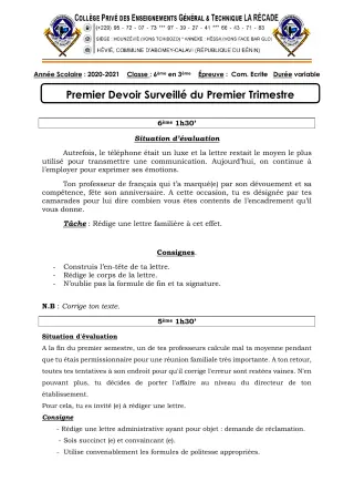 Première page de Français 6e, 5e, 4e, 2nde B, 2nde D, 1ère A2, 1ère B, 1ère D, Tle B, Tle D — 1er devoir surveillé, 1er trimestre (2020-2021) · CPEG LA RECADE