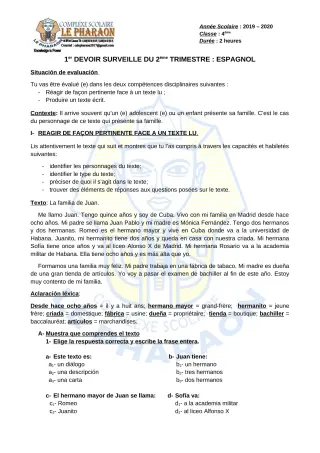 Première page de Espagnol 4e ML — 1er devoir surveillé, 2e trimestre (2019-2020) · CPEG LE PHARAON