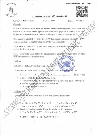 Première page de Mathématiques 5e — 2e composition, 1er trimestre (2021-2022) · CPEG ROSAIRE