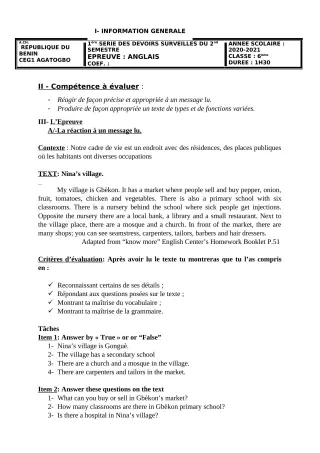 Première page de Anglais 6e — 1er devoir surveillé, 2e semestre (2020-2021) · CEG 1 Agatogbo