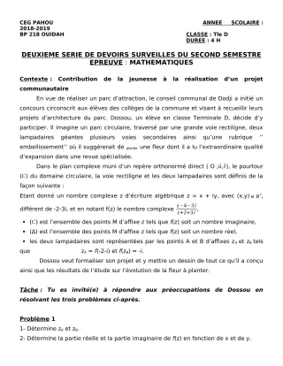 Première page de Mathématiques Tle D — 2e devoir surveillé, 2e semestre (2018-2019) · CEG PAHOU