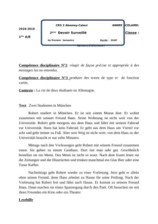 Première page de Allemand 1ère A1, 1ère A2, 1ère B — 2e devoir surveillé, 1er semestre (2018-2019) · CEG2 ABOMEY - CALAVI (CEG ZOCA)