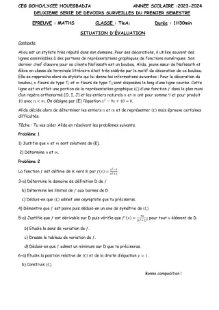 Première page de Mathématiques Tle A1 — 2e devoir surveillé, 1er semestre (2023-2024) · CEG GOHO
