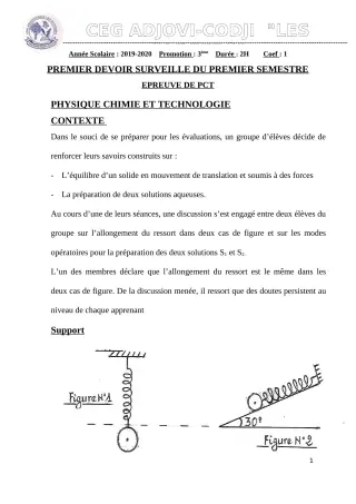 Première page de PCT 3e — 1er devoir surveillé, 1er semestre (2019-2020) · CEG ADJOVICODJI 'LES OLIVIERS'
