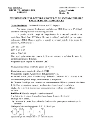 Première page de Mathématiques 2nde D — 2e devoir surveillé, 2e semestre (2019-2020) · CEG SEGBEYA