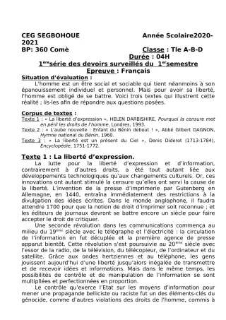 Première page de Anglais 2nde A & B, 2nde D, 1ère D, Tle D — 1er devoir surveillé (2020-2021) · CEG SEGBOHOUE