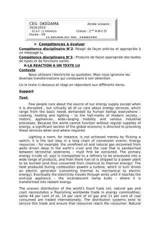 Première page de Anglais 2nde A1 — 1er devoir surveillé, 2e semestre (2018-2019) · CEG OKEDAMA