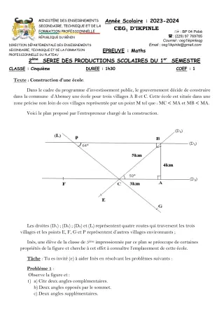 Première page de Mathématiques 5e — 2e production scolaire, 1er semestre (2023-2024) · CEG1 Ikpinlè