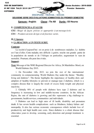 Première page de Anglais Tle A2, Tle B — 2e évaluation sommative, 1er semestre (2019-2020) · CEG Dantokpa