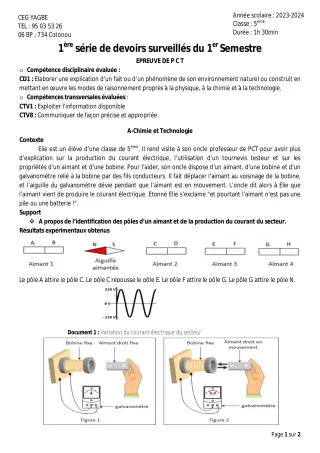 Première page de PCT 5e — 1er devoir surveillé, 1er semestre (2023-2024) · CEG Yagbe