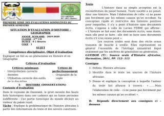 Première page de Histoire-Géographie 2nde D — 1re évaluation sommative, 1er semestre (2019-2020) · CEG GBESSOU