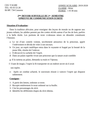 Première page de Français 6e — 2e devoir surveillé, 1er semestre (2019-2020) · CEG Yagbe