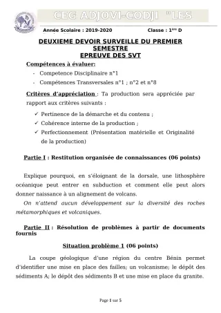 Première page de SVT 1ère D — 2e devoir surveillé, 1er semestre (2019-2020) · CEG ADJOVICODJI 'LES OLIVIERS'
