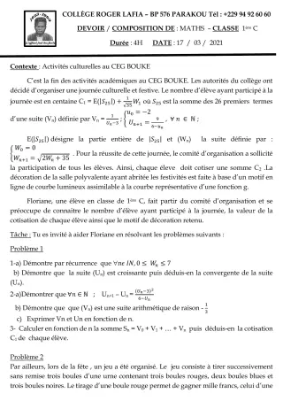 Première page de Mathématiques 1ère C — Composition (2020-2021) · CPEG Roger LAFIA