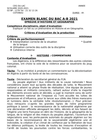Première page de Examen Blanc de HIST-GEO — Tle A2, Tle B — CEG du Lac (2020)