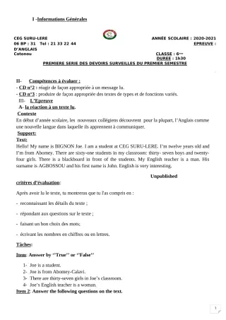 Première page de Anglais 6e, 5e, 4e, 4e ML, 3e, 3e ML, 2nde A1, 2nde A2, 2nde B, 2nde C, 2nde D, 1ère A, 1ère A1, 1ère A2, 1ère B, 1ère C, 1ère D, Tle A1, Tle A2, Tle B, Tle C, Tle D — 1er devoir surveillé, 1er semest