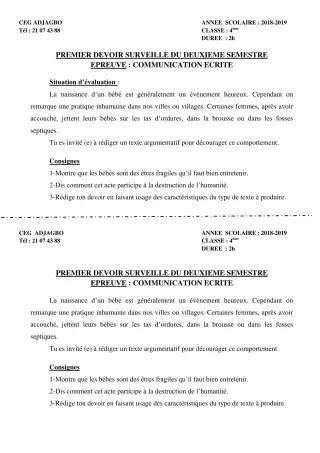 Première page de Français 4e, 4e ML — 1er devoir surveillé, 2e semestre (2018-2019) · CEG ADJAGBO