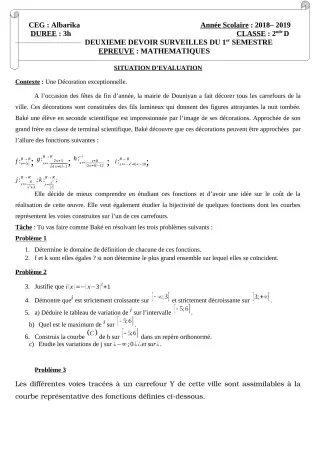 Première page de Mathématiques 2nde D — 2e devoir surveillé, 1er semestre (2018-2019) · CEG Albarika