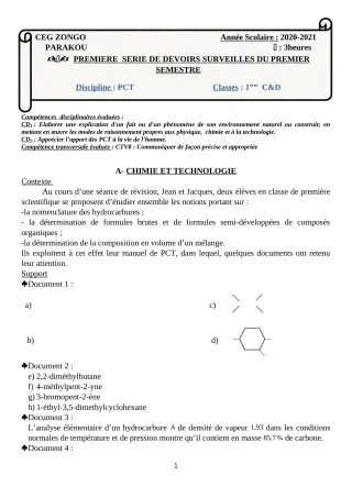 Première page de PCT 1ère C, 1ère D — 1er devoir surveillé, 1er semestre (2020-2021) · CEG ZONGO