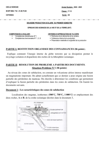 Première page de SVT 1ère D — 2e production scolaire, 1er semestre (2022-2023) · CEG LE NOKOUE
