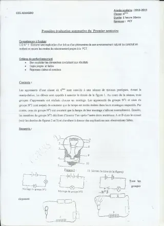 Première page de PCT 6e — 1re évaluation sommative, 1er semestre (2018-2019) · CEG ADJAGBO
