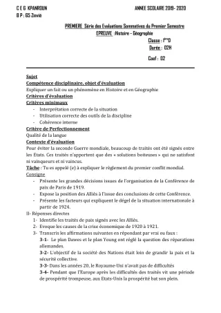 Première page de Histoire-Géographie 1ère D — 1re évaluation sommative, 1er semestre (2019-2020) · CEG Kpanroun